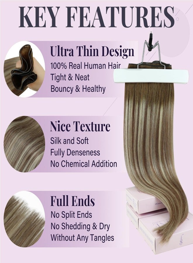 Fshine Sew in Genius Weft Hair Extensions Human Hair Color Chestnut Brown Fading to Platinum Blonde Natural Hair Extensions 18 Inch Brazilian 50g Remy Hair for Women - Image 4